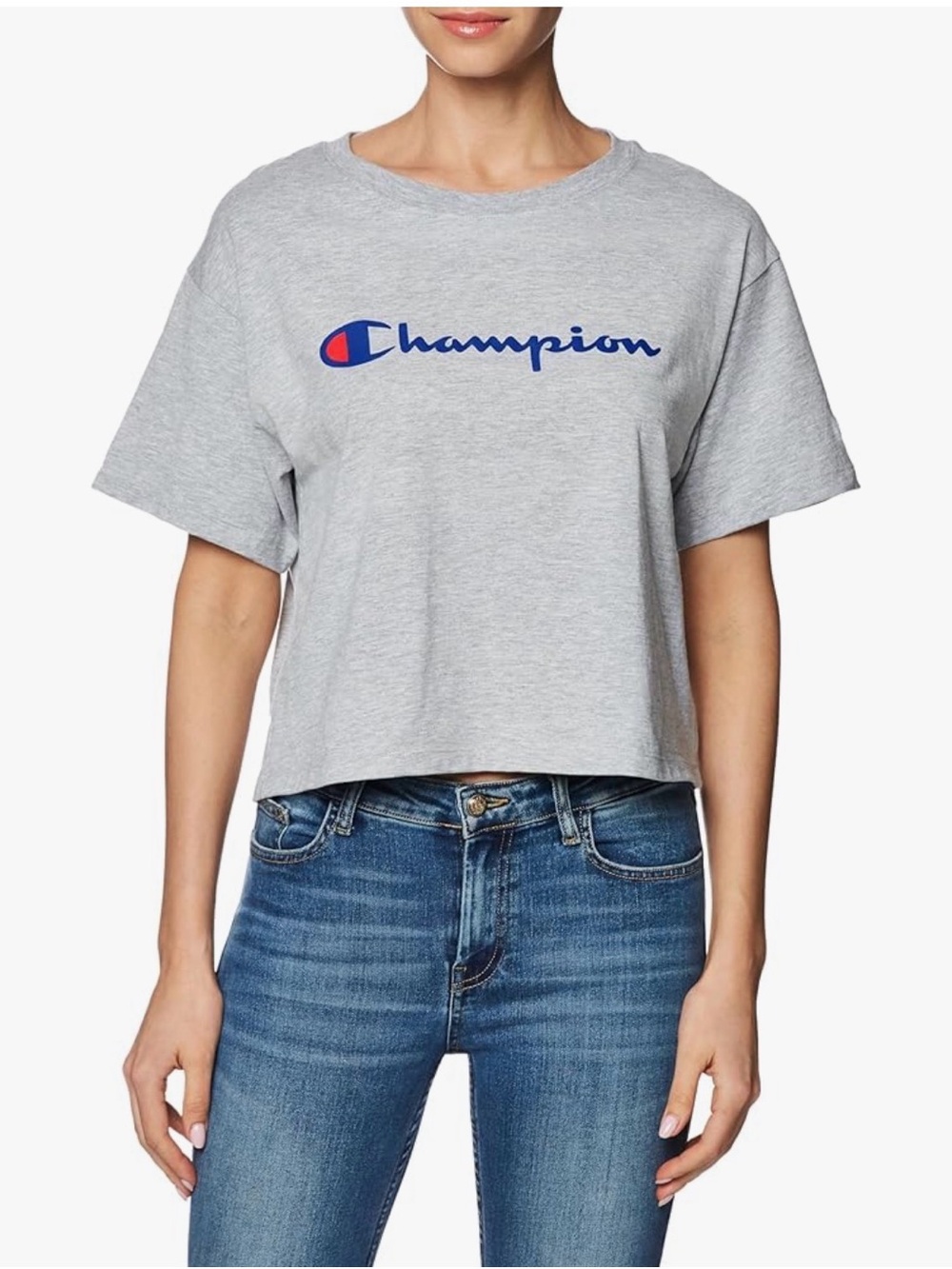 NWOT Champion Light Gray Cropped Logo Tee with Blue Script